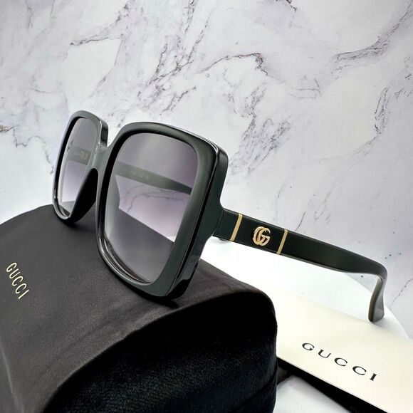 New Gucci Sunglasses Black Square Gold Interlocking GG Metal Logo Italy - Picture 5 of 16